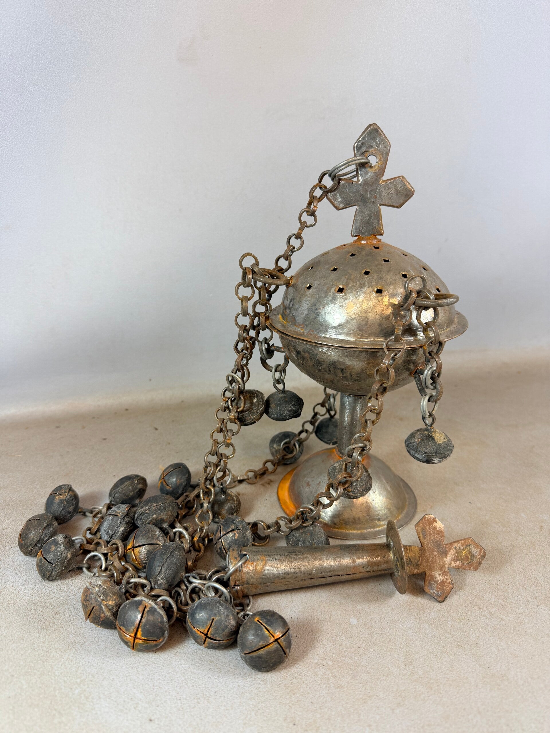 260426 - Antique African Ethiopian Coptic Incense Burner with Bells - Ethiopia