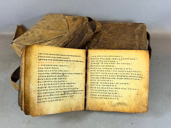 260725 Rare Ethiopian Coptic bible or manuscript in leather priest bag Ethiopia.