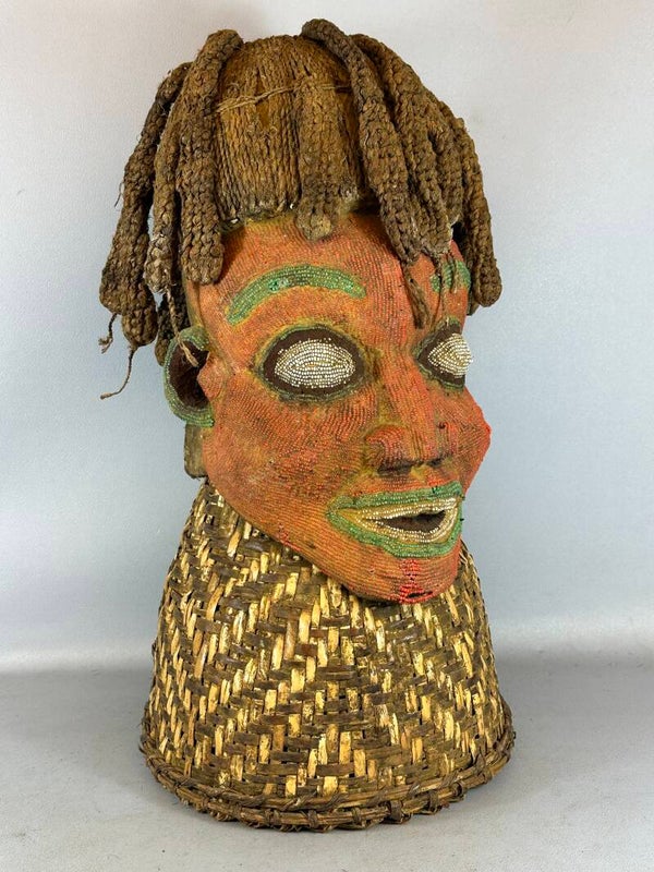 240427 - Old African Bamun head mask with beads on basket - Cameroon.