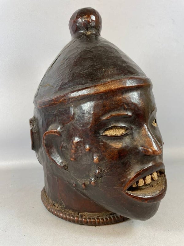 221214 - Antique Ekoi janiform head mask covered with hide Certificate - Nigeria.