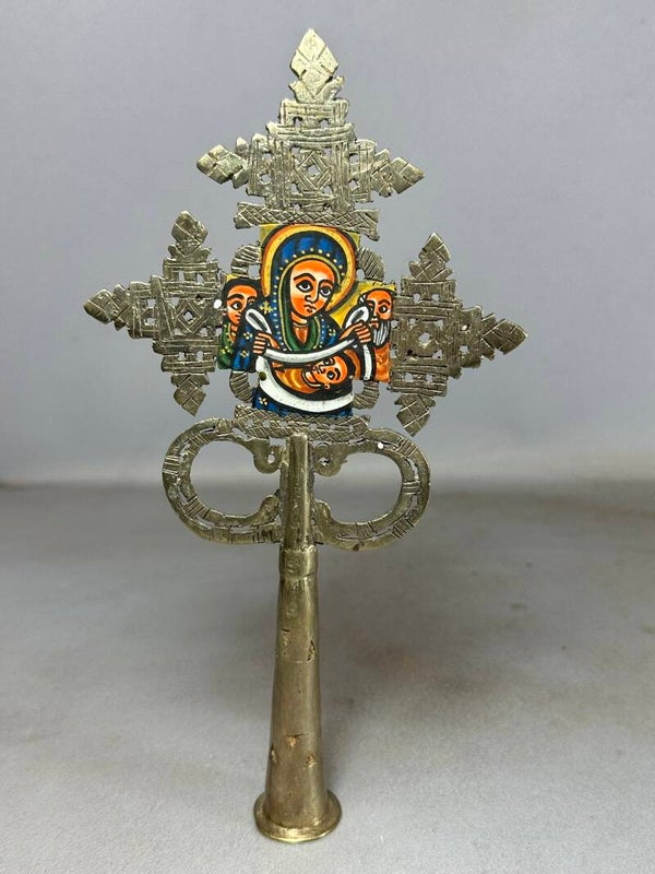 240721 - African Ethiopian Coptic cross with 2 handpainted icons - Ethiopia.