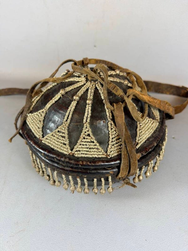 261118 - Old Ethiopian Injerra leather basket with silver beads - Ethiopia