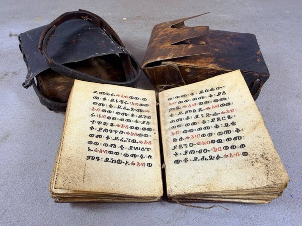 260624 Rare Ethiopian Coptic bible or manuscript in leather priest bag - Ethiopia