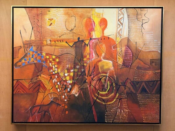 261103 Large Painting African Artist Sessofia Ayaovi Dabla - "Prehistory' - Togo