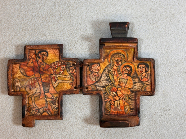 250740 - Antique handpainted coptic wooden cross icon - Ethiopia.