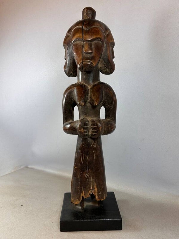 250514 - Large Old African Three-headed Fang anthropomorphic sculpture - Gabon.