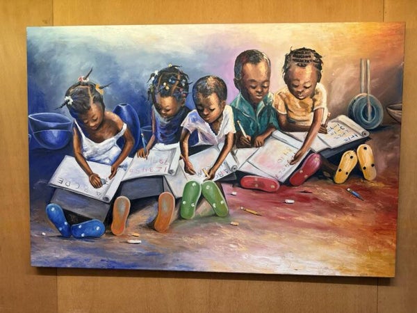 261064 - Large 135x90 cm African painting by Ashley - learning children - Ghana.