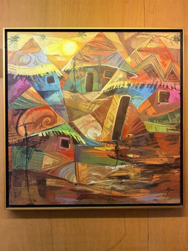 261081 - Large African painting by Godwin Adjei Sowah "village" - Ghana