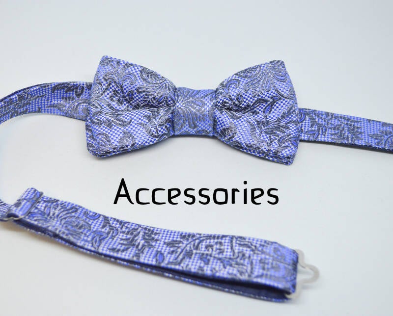 CUSTOM ACCESSORIES button; picture shows a blueish-purple silk bow tie with plant motif