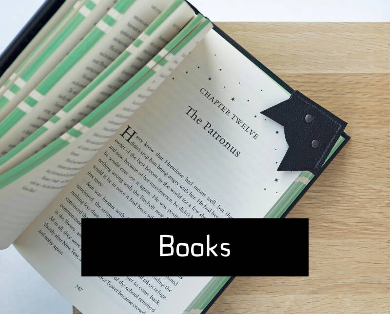 BOOKS button; picture shows a leather corner bookmark marking Chapter Twelve of Harry Potter and the Prisoner of Azkaban - The Patronus