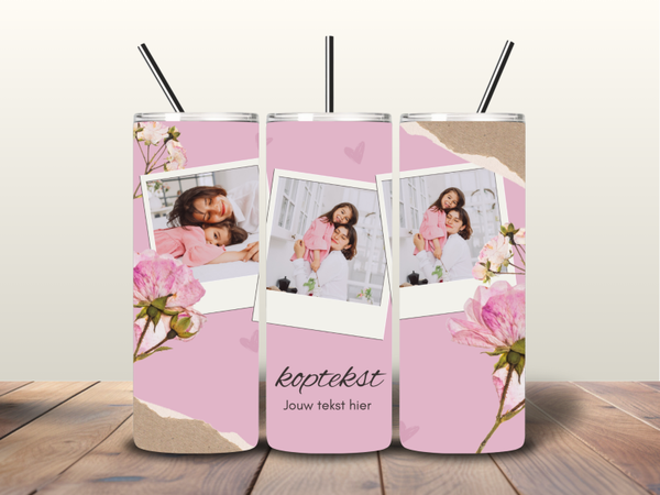 Tumbler | Collage met 3 foto;s. Roze bloemen