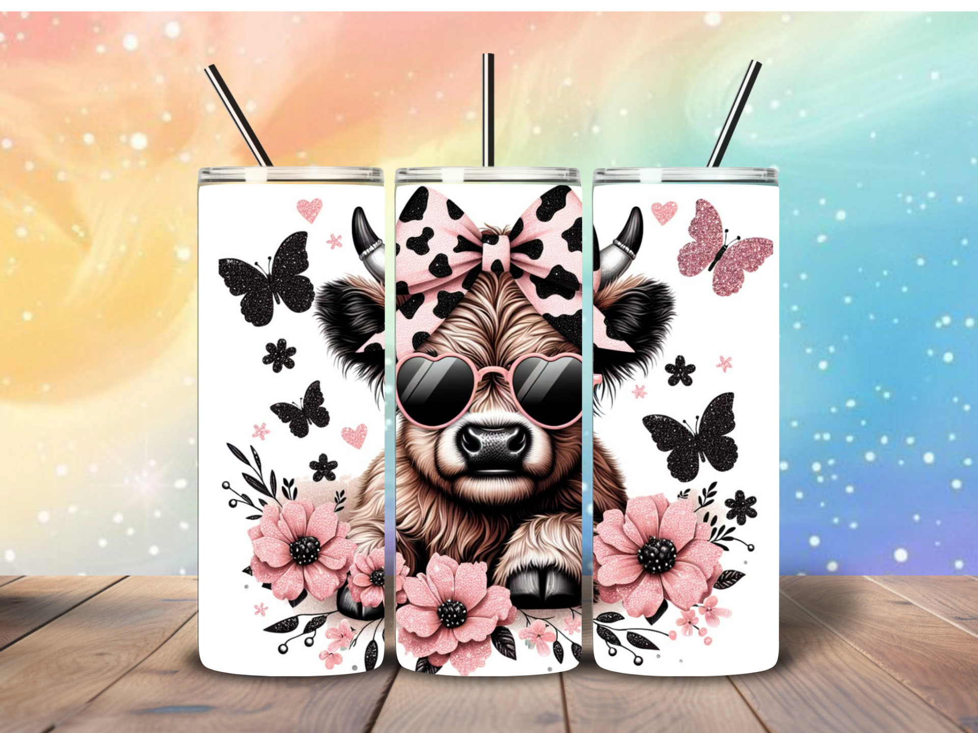 Tumbler | Koe met roze bloemen