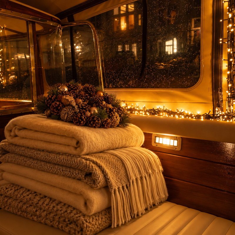 Soft blankets in the heated cabin