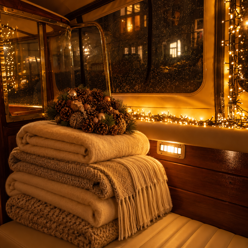 Soft blankets in the heated cabin