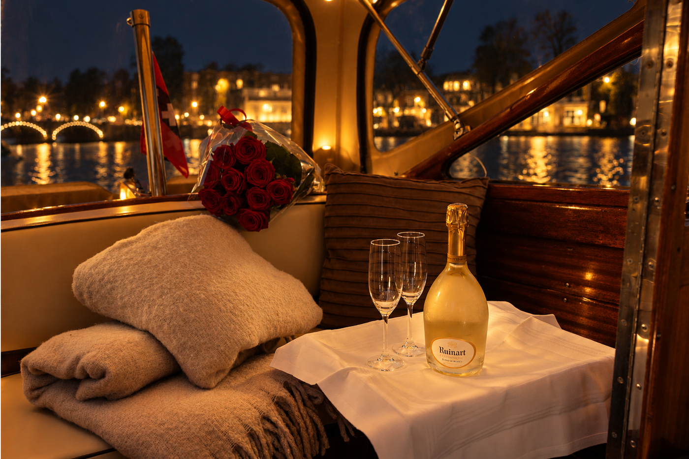 A table for two with roses and champagne aboard Venice, Amsterdam