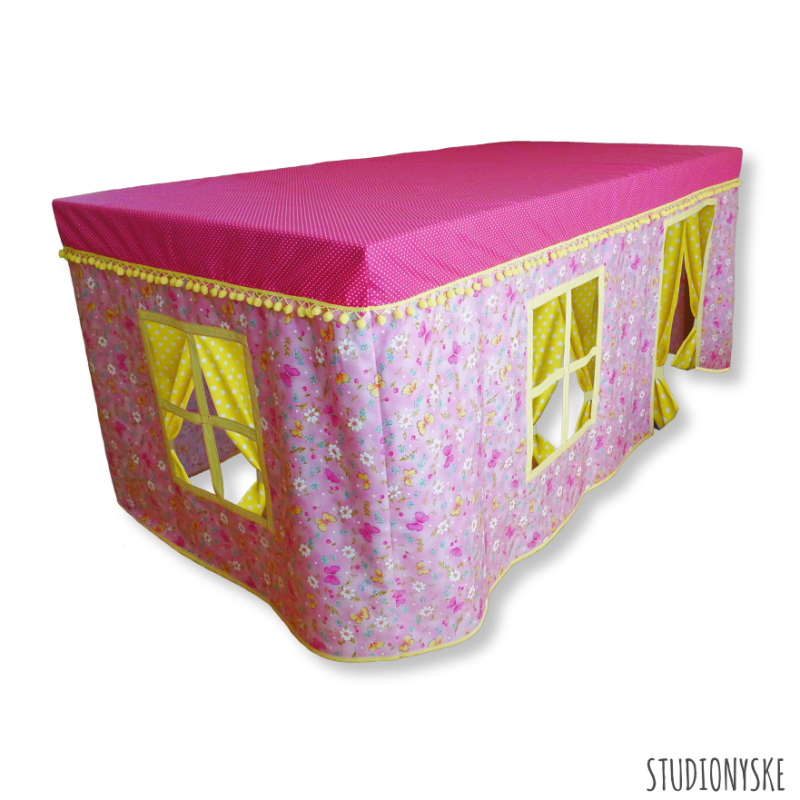 Tafelkleed speeltent patroon huisje met bloemen
