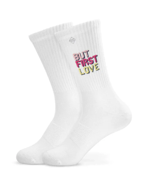 J. Clay - Weiße Tennissocken mit Spruch But First Love - Erwachsene