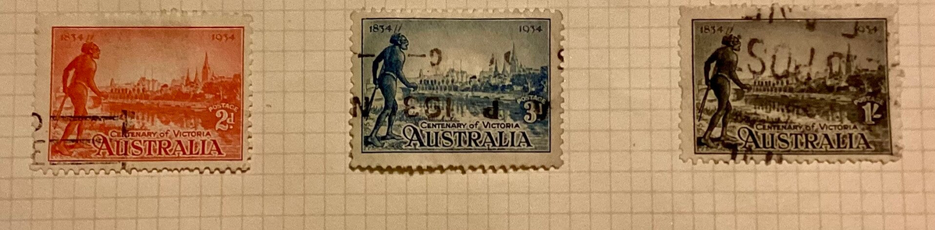 Briefmarken Satz 3 orange blau und schwarz 1939 Australien