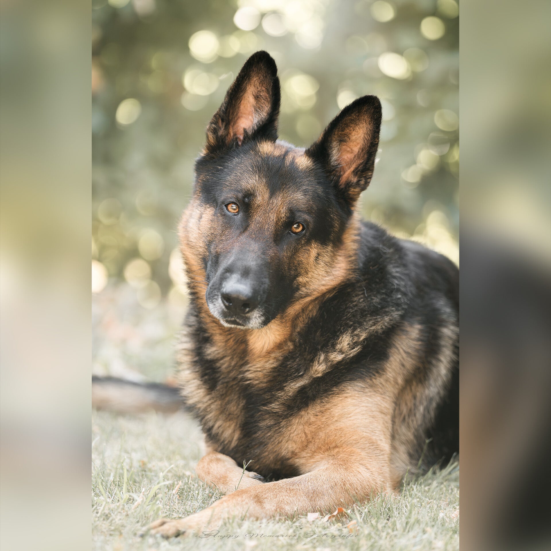 Duitse herder in achtertuin tijdens hondenfotoshoot