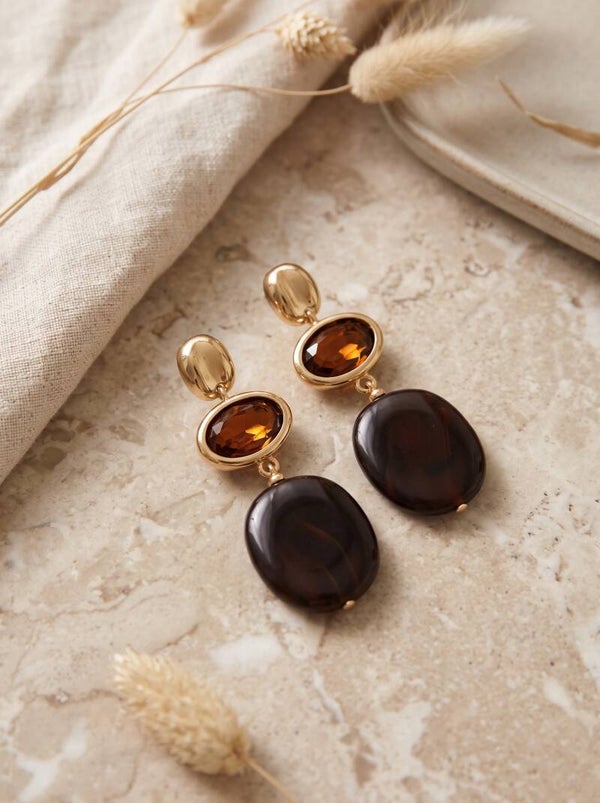 Elegante Gouden Oorbellen met Bruine Stenen