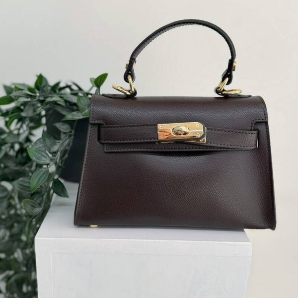 Elegante Donkerbruine Handtas / Schoudertas – Kelly Style – Goudkleurige Sluiting