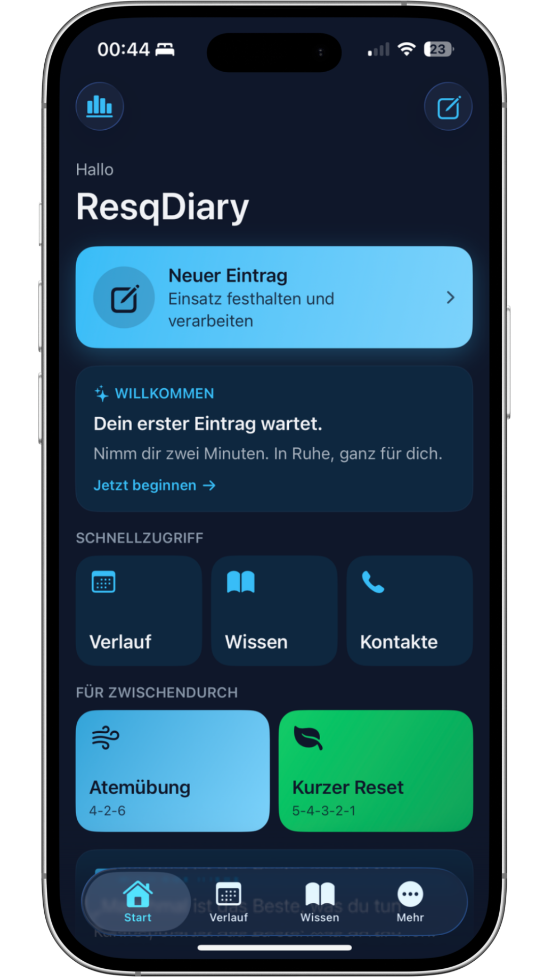 Startseite der ResQDiary App
