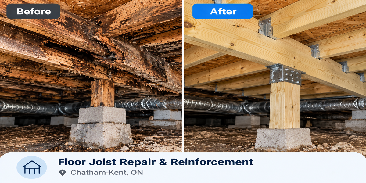 Before and after floor joist repair in Chatham-Kent