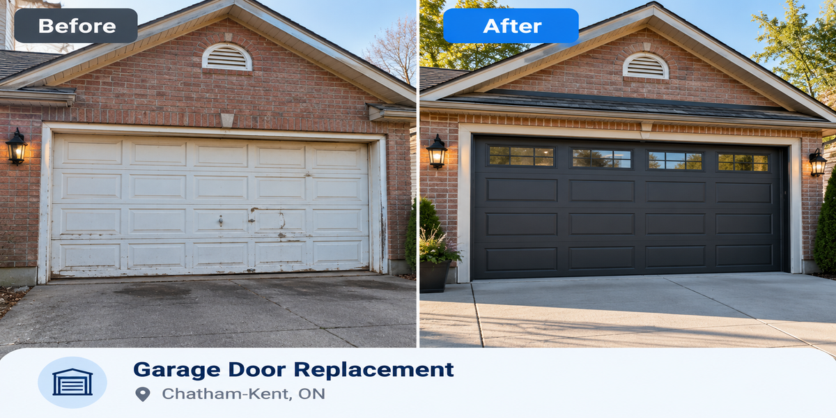 Before and after garage door replacement