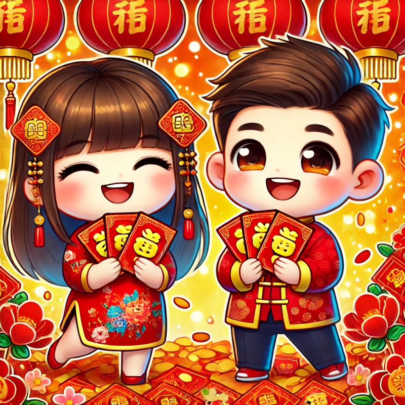 AI-generated image of a girl and a boy holding a red envelope during CNY Lunar New Year