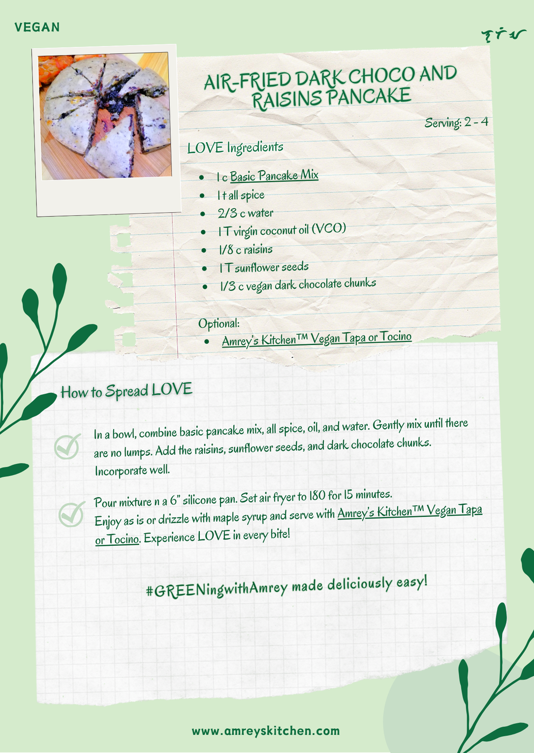 Air-Fried Vegan Dark Choco and Raisins Pancake by Amrey Boquiren of Amrey's Kitchen™ recipe card using Canva.