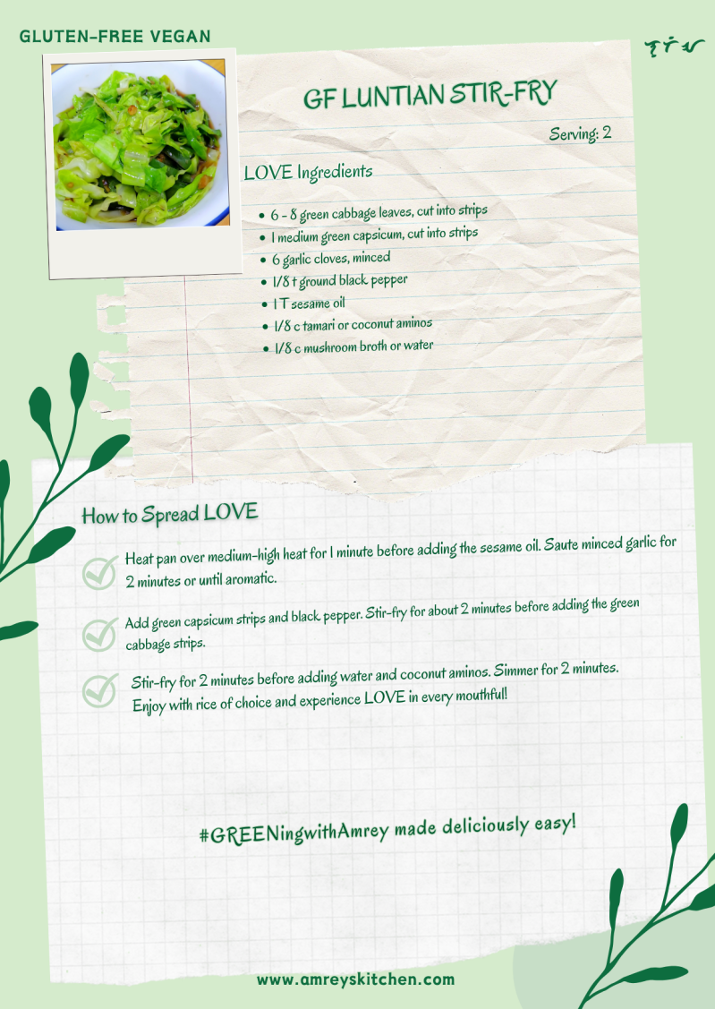 Gluten-free Vegan Vegetable Stir-Fry (Luntian Stir-Fry) by Amrey Boquiren of Amrey's Kitchen™ recipe card using Canva. 
