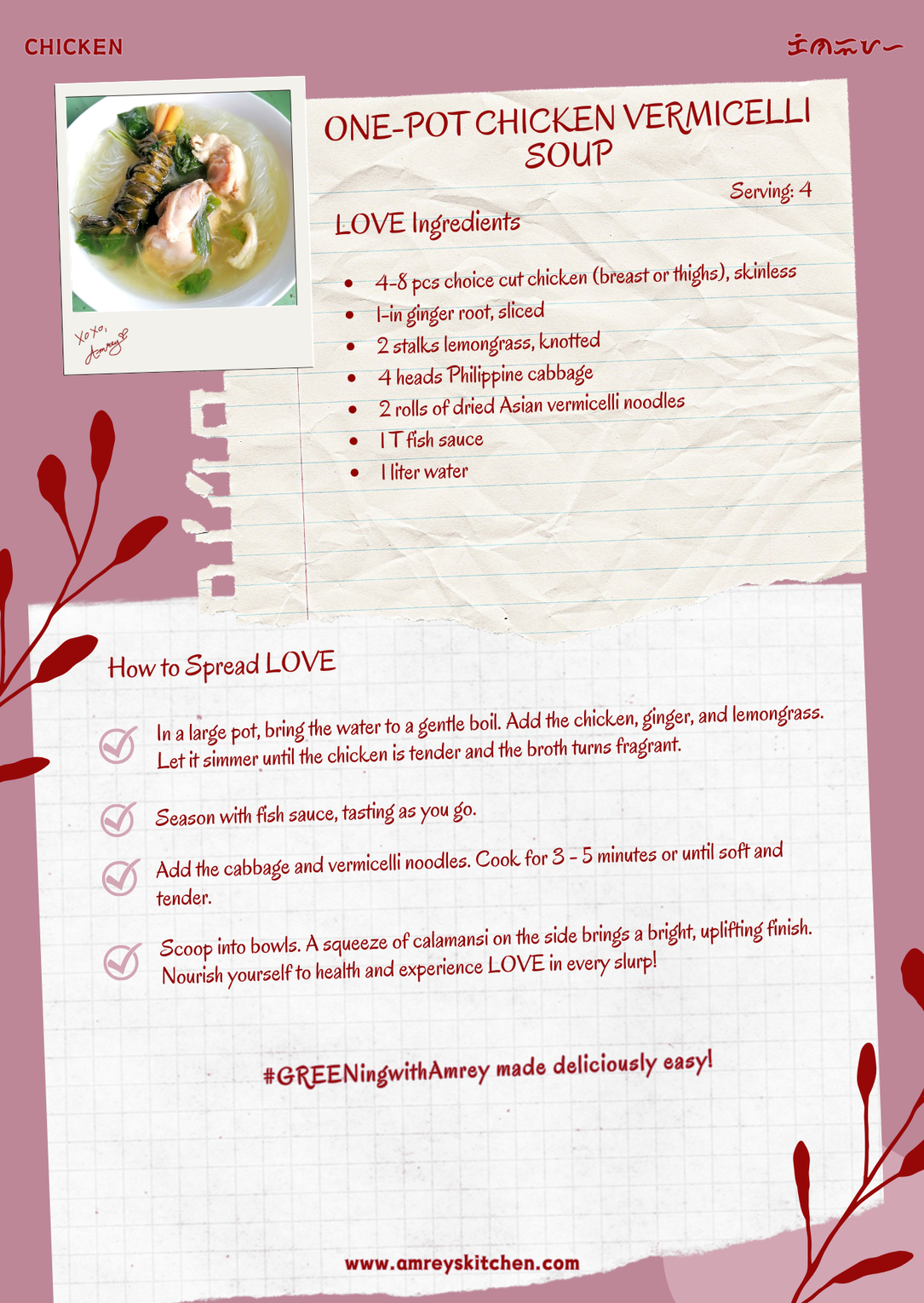 TCM Chicken Vermicelli Soup by Amrey Boquiren of Amrey's Kitchen™ recipe card using Canva.