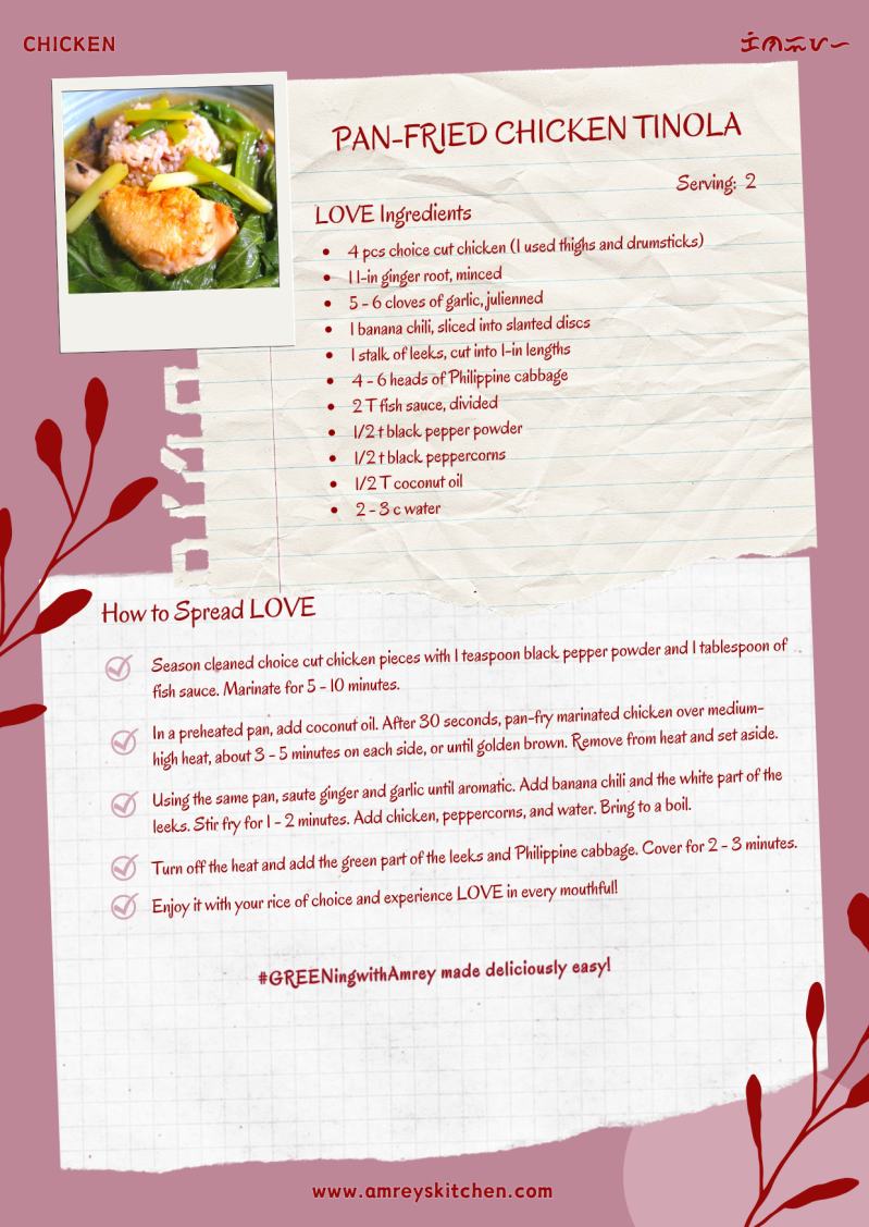 Pan-Fried Chicken Tinola by Amrey Boquiren of Amrey's Kitchen™ recipe card using Canva. 