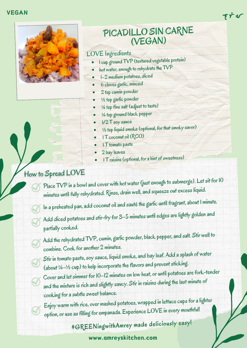 Picadillo sin Carne (Vegan)  by Amrey Boquiren of Amrey's Kitchen™ recipe card using Canva. 