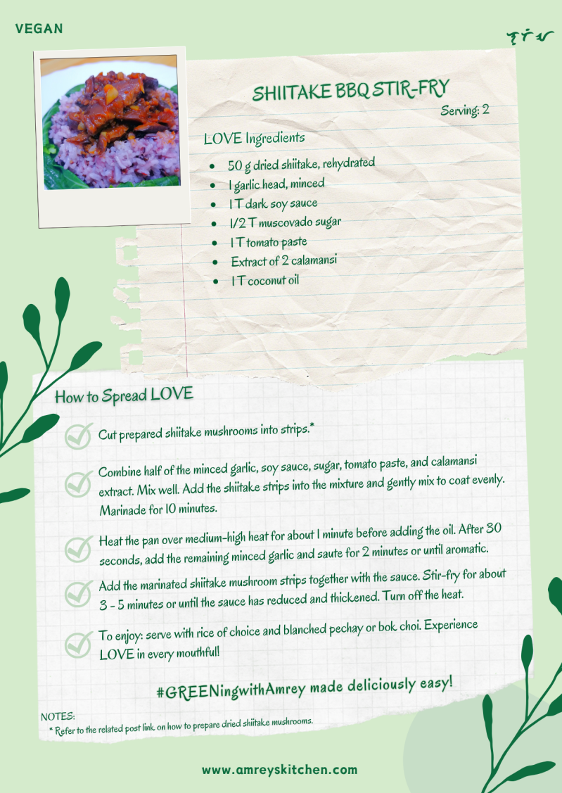 Vegan Shiitake BBQ Stir-Fry by Amrey Boquiren of Amrey's Kitchen™ recipe card using Canva. 