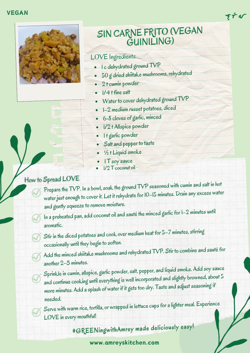 Sin Carne Frito (Vegan Giniling) by Amrey Boquiren of Amrey's Kitchen™ recipe card using Canva. 