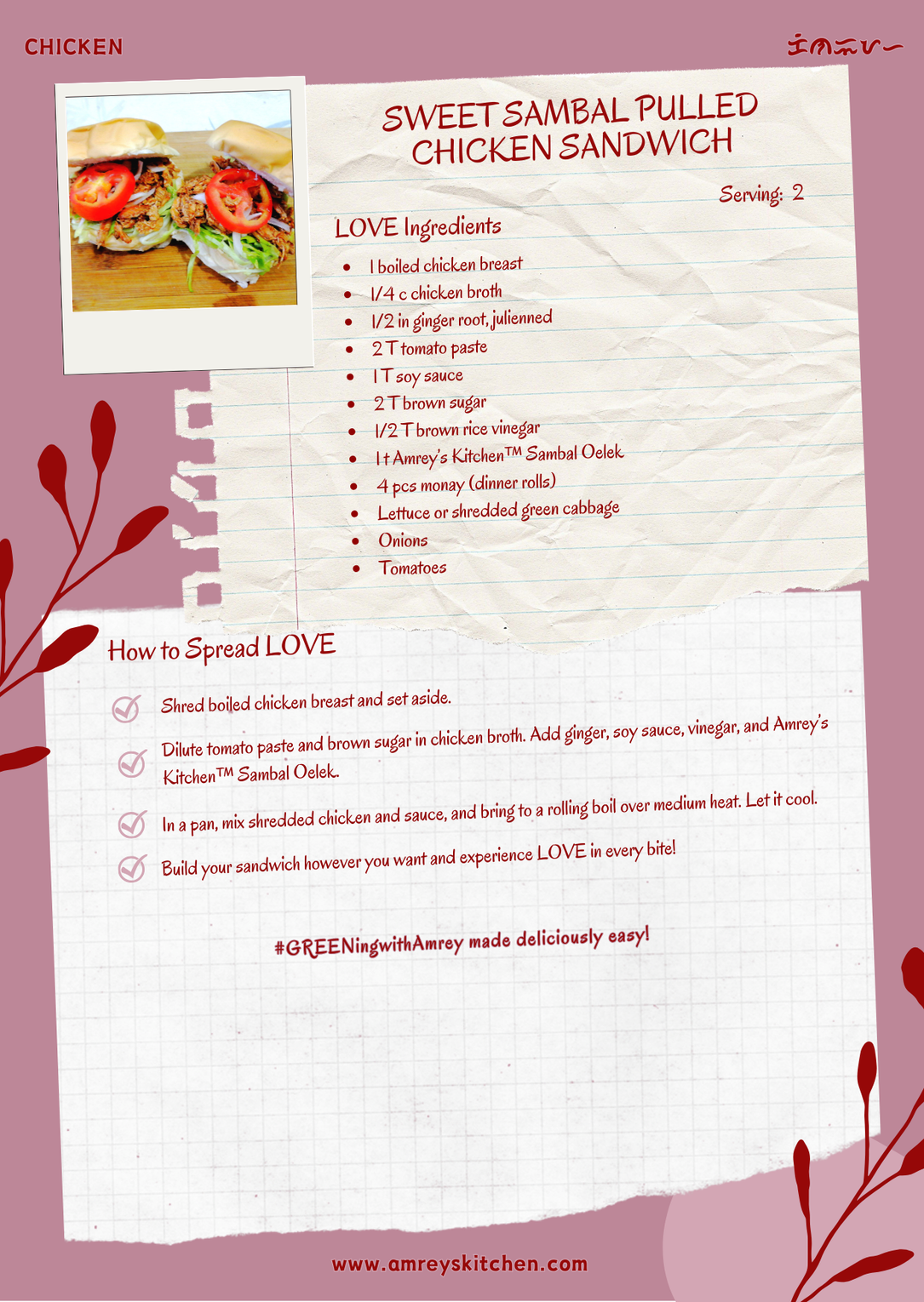 Sweet Sambal Pulled Chicken Sandwich by Amrey Boquiren of Amrey's Kitchen™ recipe card using Canva.