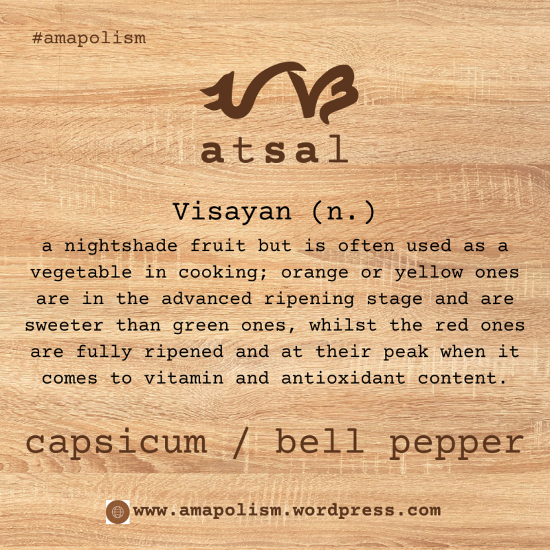 capsicum or bell pepper is atsal in Bisaya. amapolism Katutubo 101 pre-colonial baybayin cards Filipino English vocabulary by Amrey Boquiren.