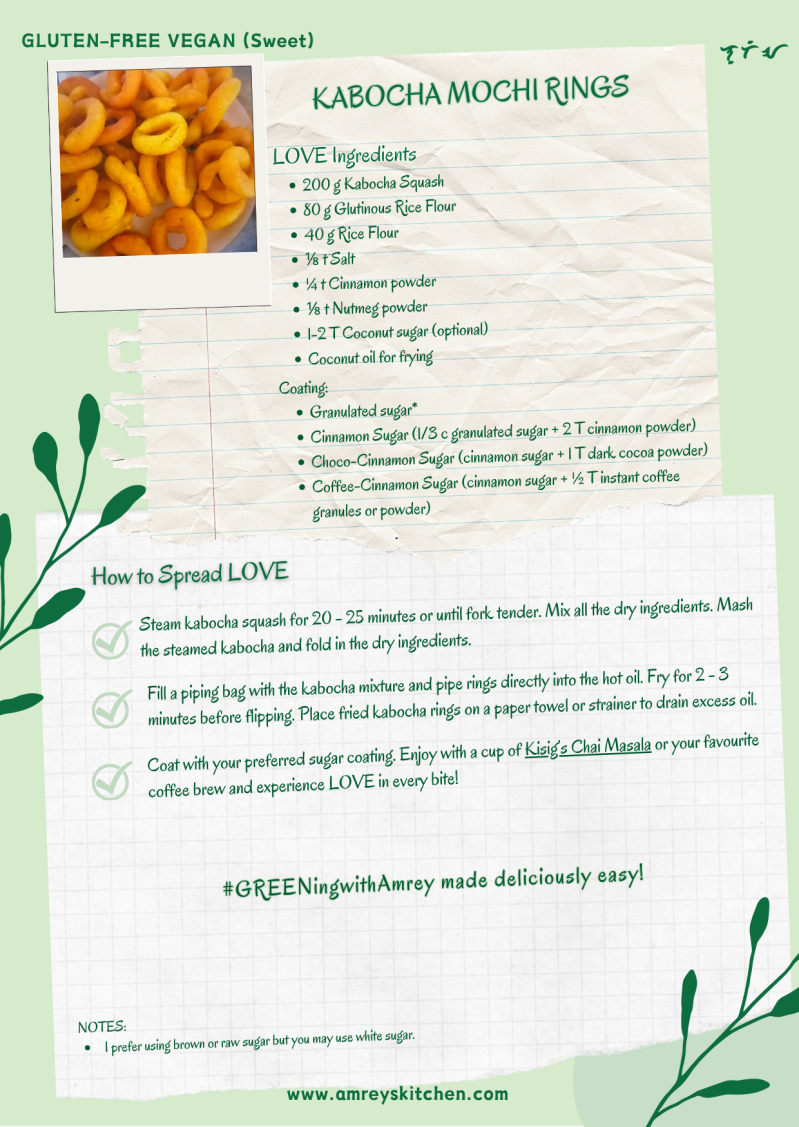 Gluten-free Vegan Kabocha Squash Mochi Rings by Amrey Boquiren of Amrey's Kitchen™ recipe card using Canva. 