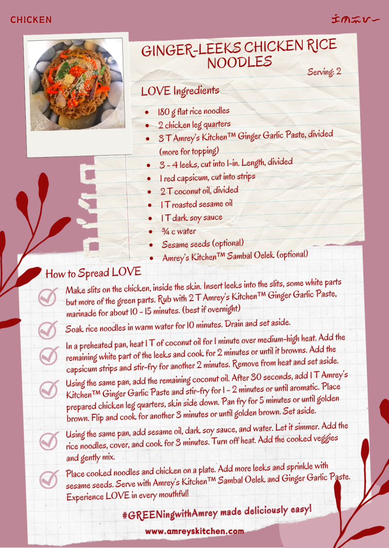 Ginger-Leeks Chicken Rice Noodles by Amrey Boquiren of Amrey's Kitchen™ recipe card using Canva. 