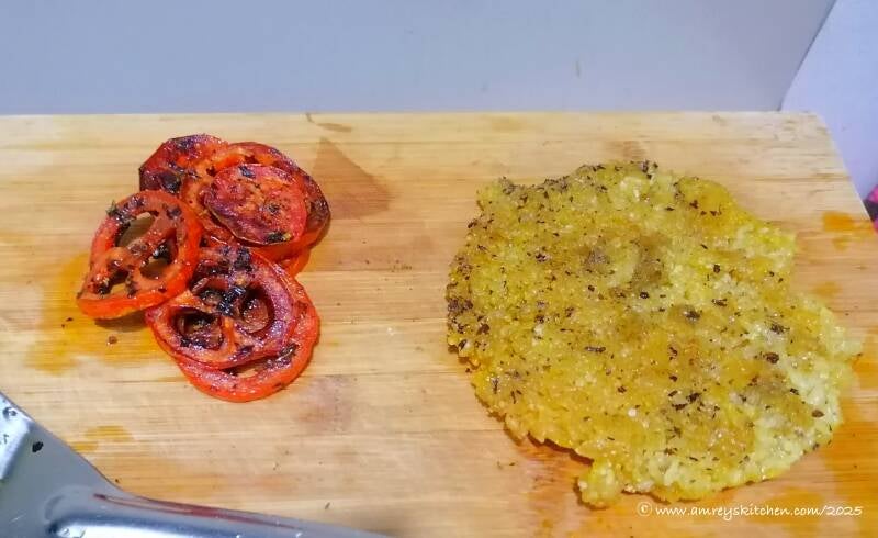 pan-fried seasoned tomato slices and toasted ginger-turmeric rice crust on a wooden board, top view. Recipe and photo by Amrey Boquiren for Amrey’s Kitchen™.