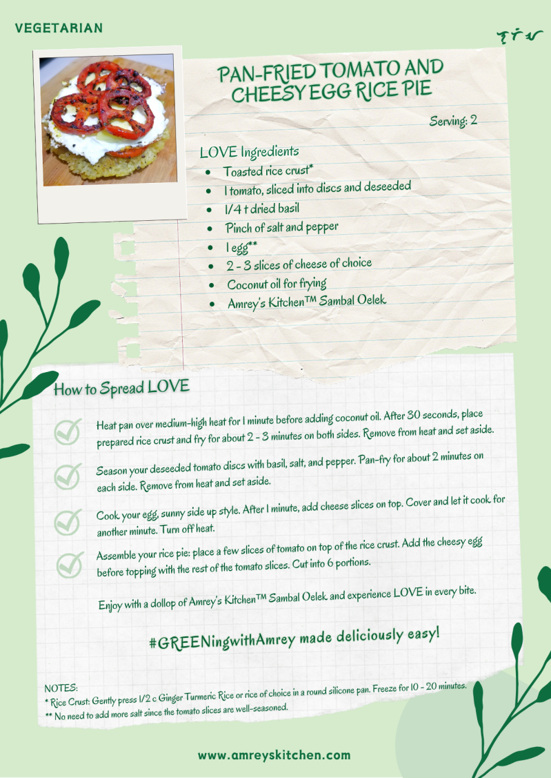 Vegetarian Pan-Fried Tomato and Egg Rice Pie by Amrey Boquiren of Amrey's Kitchen™ recipe card using Canva. 