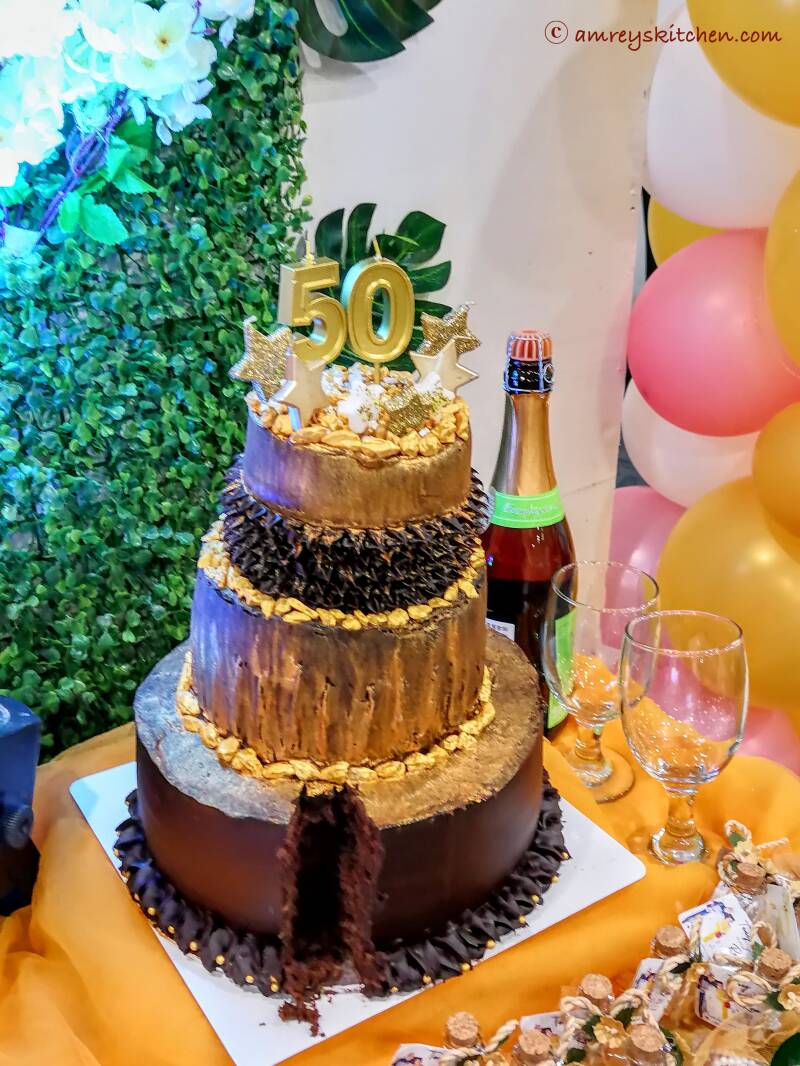golden wedding anniversary vegan dark chocolate cake. Recipe and photo by Amrey Boquiren of Amrey’s Kitchen™.