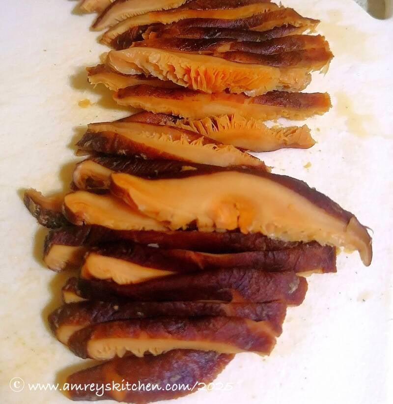 rehydrated shiitake mushroom strips Photo by Amrey Boquiren of Amrey’s Kitchen™, Kina Amapola™, and Pawntee’s Grub™.