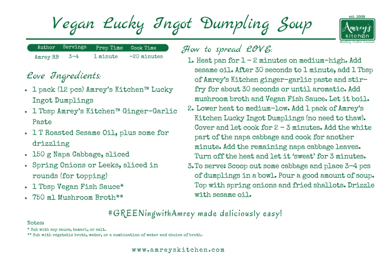 Vegan Lucky Ingot Dumpling Soup by Amrey Boquiren of Amrey's Kitchen™ recipe card using Canva 
