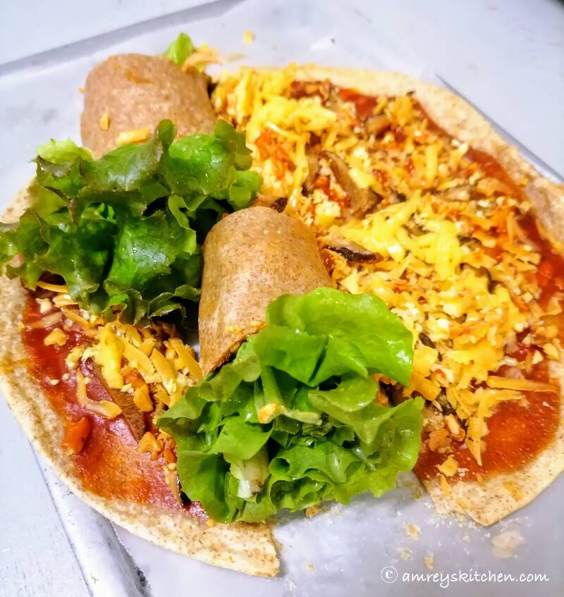 Vegetarian Wheat Tortilla Pizza Roll up. Recipe and photo by Amrey Boquiren of Amrey’s Kitchen™.