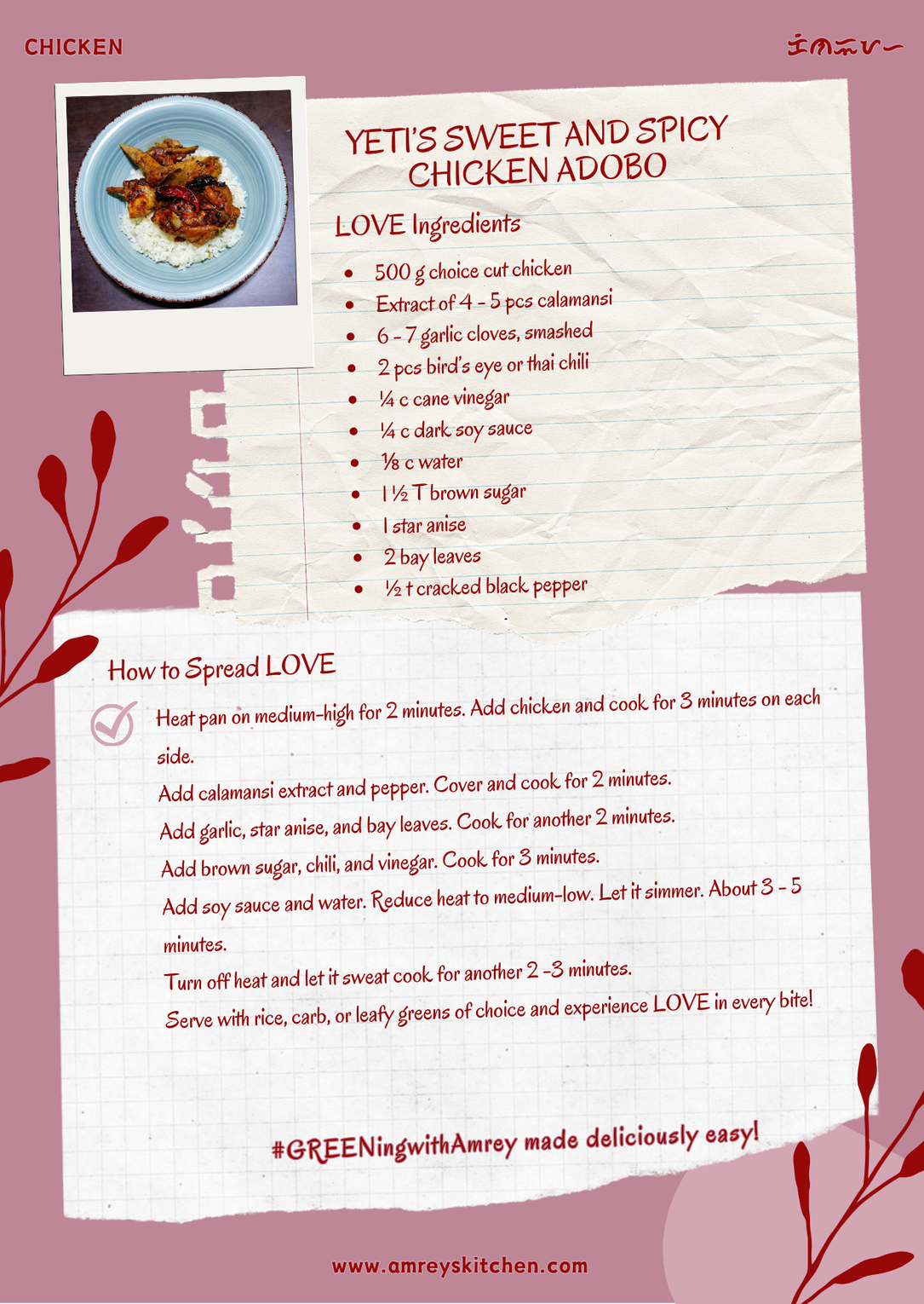 Yeti's Sweet and Spicy Chicken Adobo by Amrey Boquiren of Amrey's Kitchen™ recipe card using Canva.