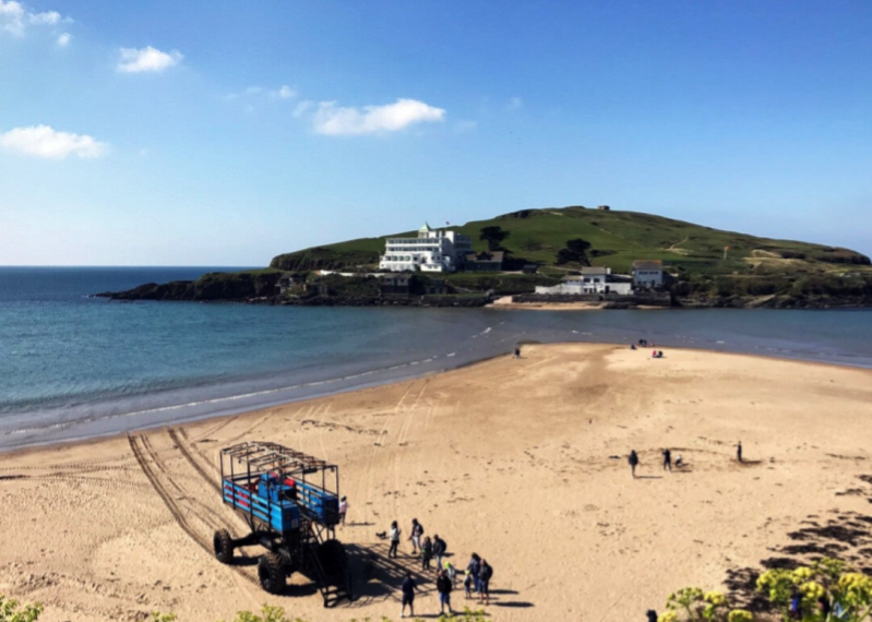 Burgh Island and the sea tractor near the Creamery