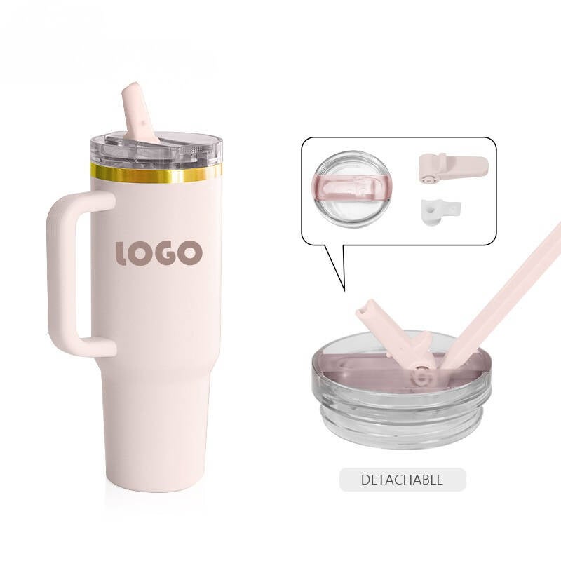 Pink tumbler with gold-plated rim, customizable.