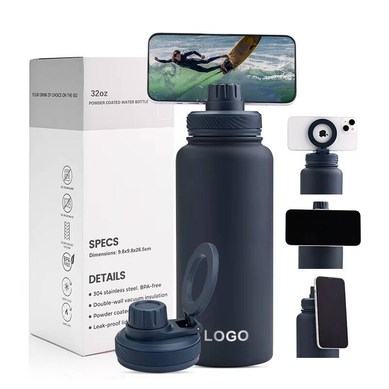 1000ml, 32oz stainless steel bottle, double wall insulated, magnetic cell phone holder, black and white, customizable.
